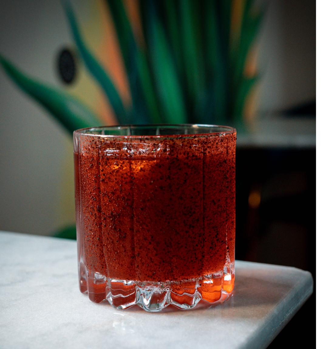 Beetroot cocktail with chili rim at Agave Cocktail Lab