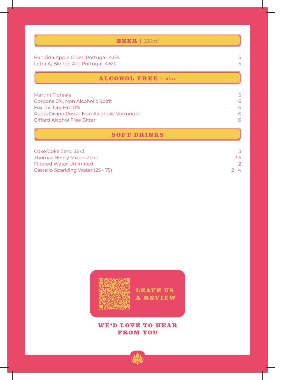Agave Cocktail Lab drinks menu — Beer, Alcohol Free, Soft Drinks